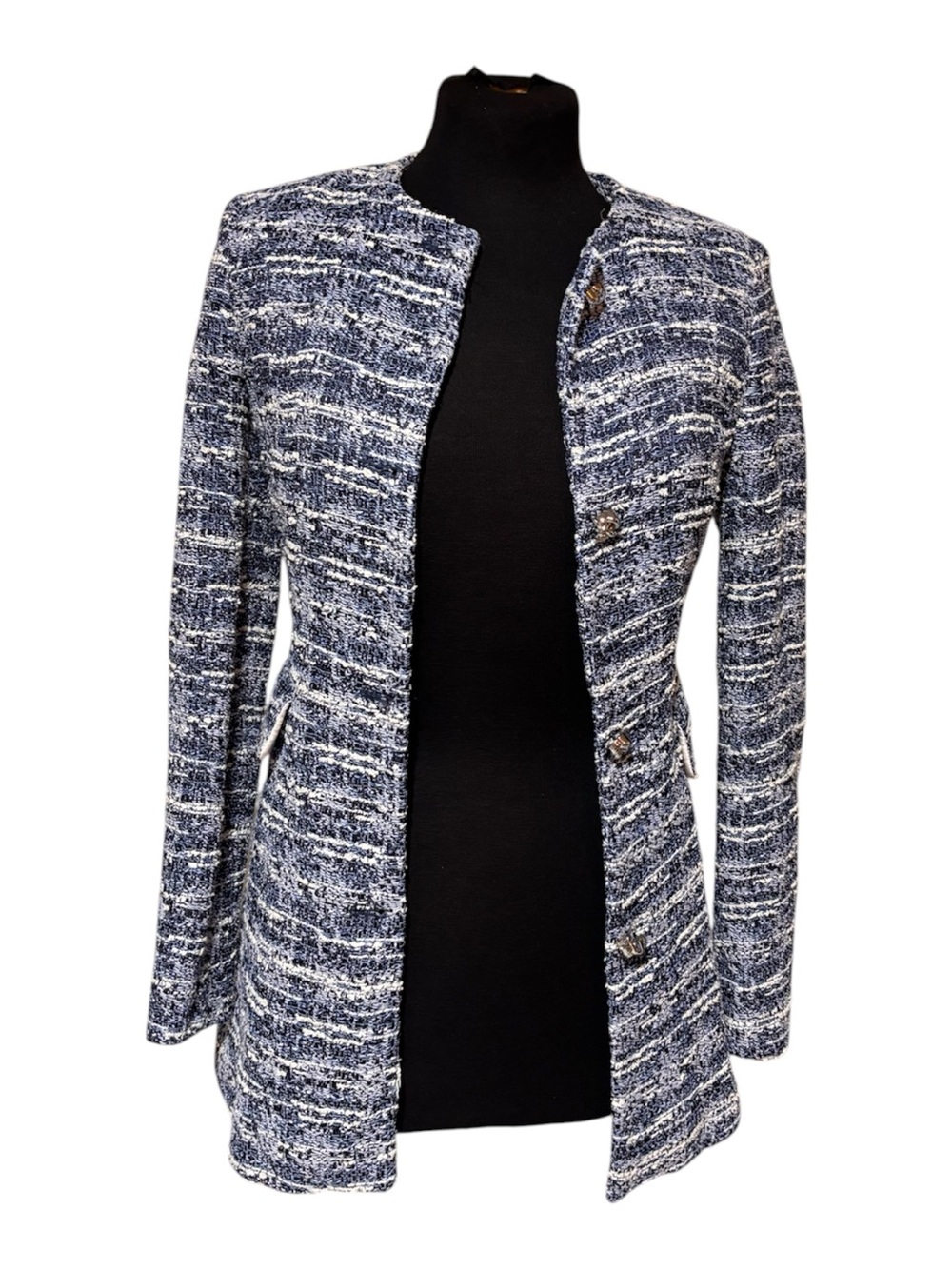 Zarq Women's Navy & White Tweed Longline Jacket